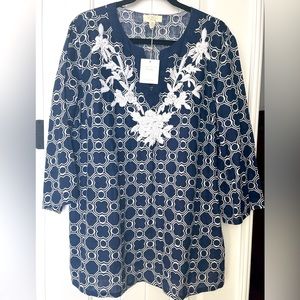 Charter Club Luxury Embroidered Navy / white Linen Tunic